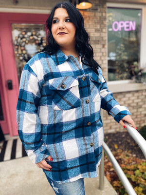 Blue Plaid Mid Length Oversized Flannel