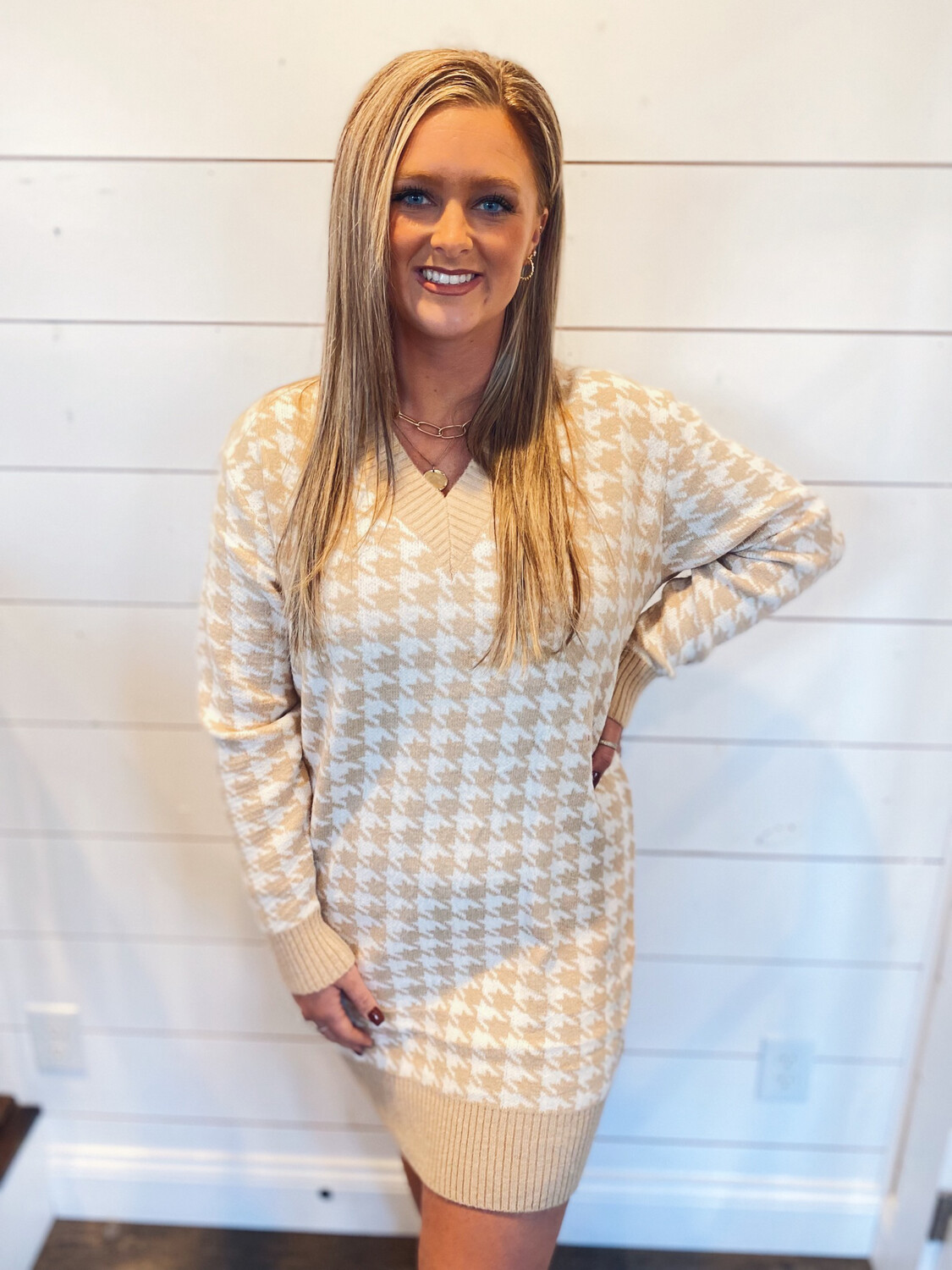 Taupe Houndstooth Sweater Dress