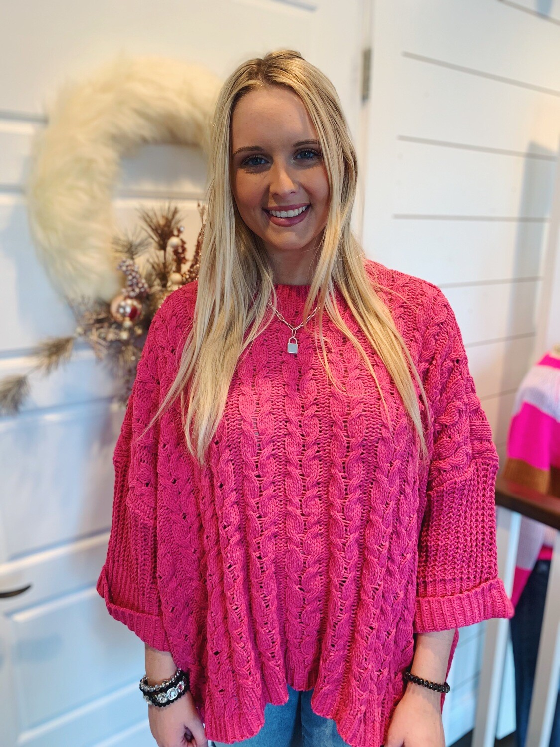 DB! Hot Pink Chenille Cable Knit Oversized Sweater