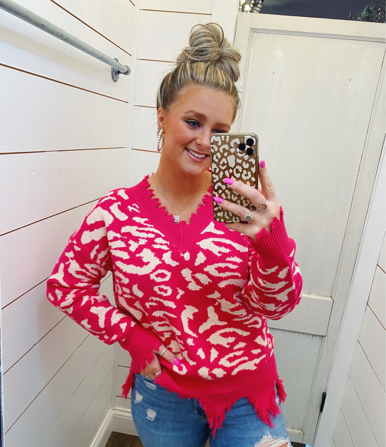 Hot Pink Leopard Distressed V Neck Sweater 