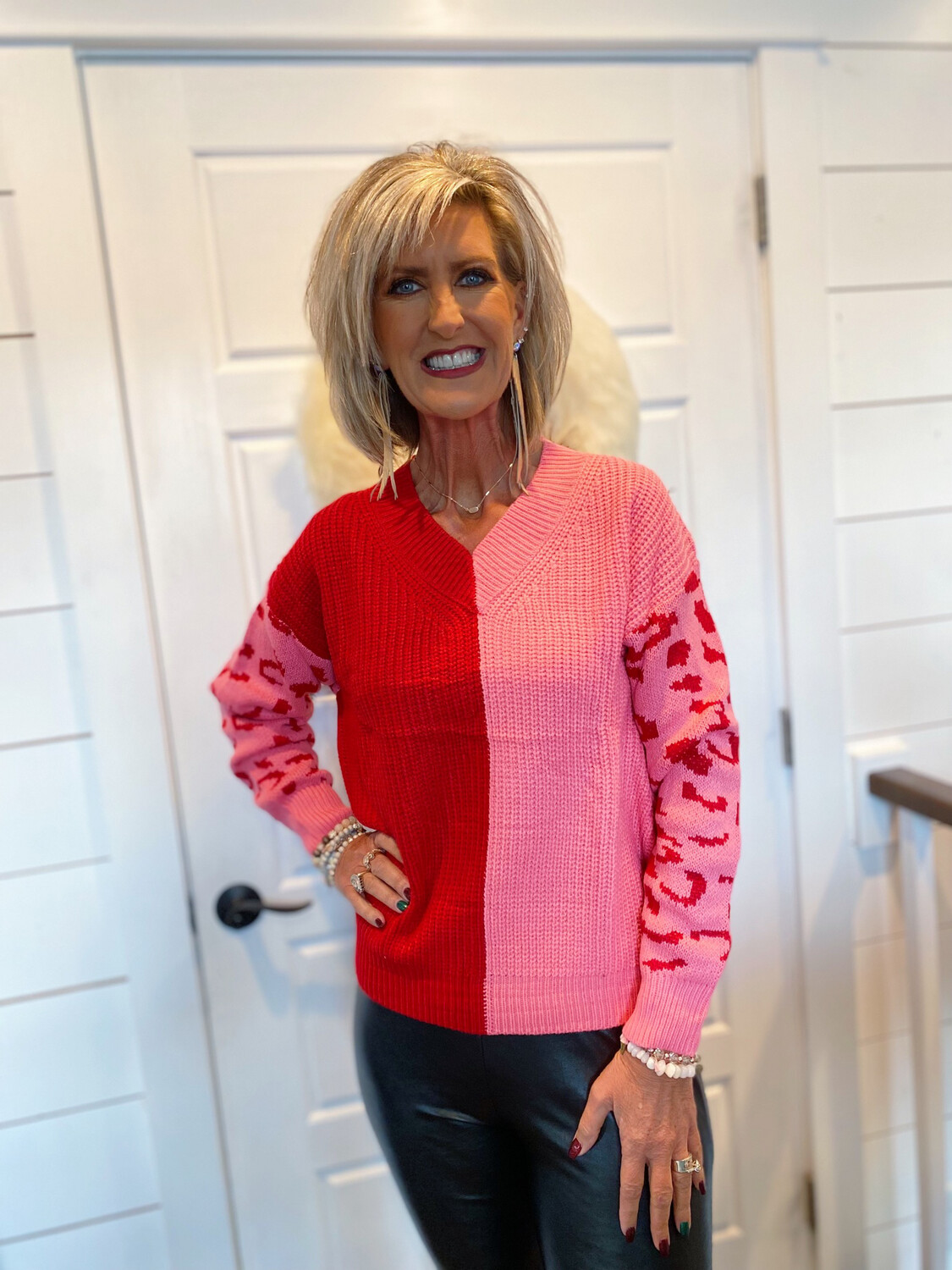 Pink & Red Split Cheetah Sleeve Sweater