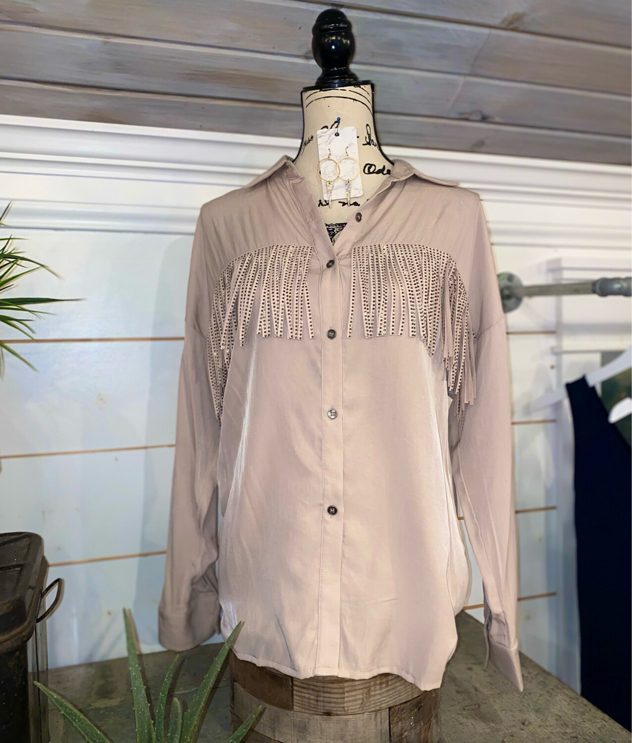 Champagne Jeweled Fringe Button Up