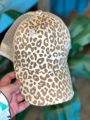 Tan Leopard Distressed Hat