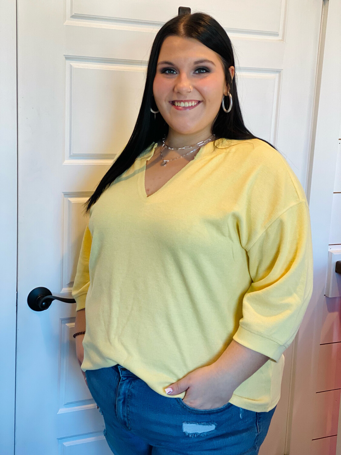 Plus Yellow V Neck 3/4 Sleeve Waffle Knit Top 