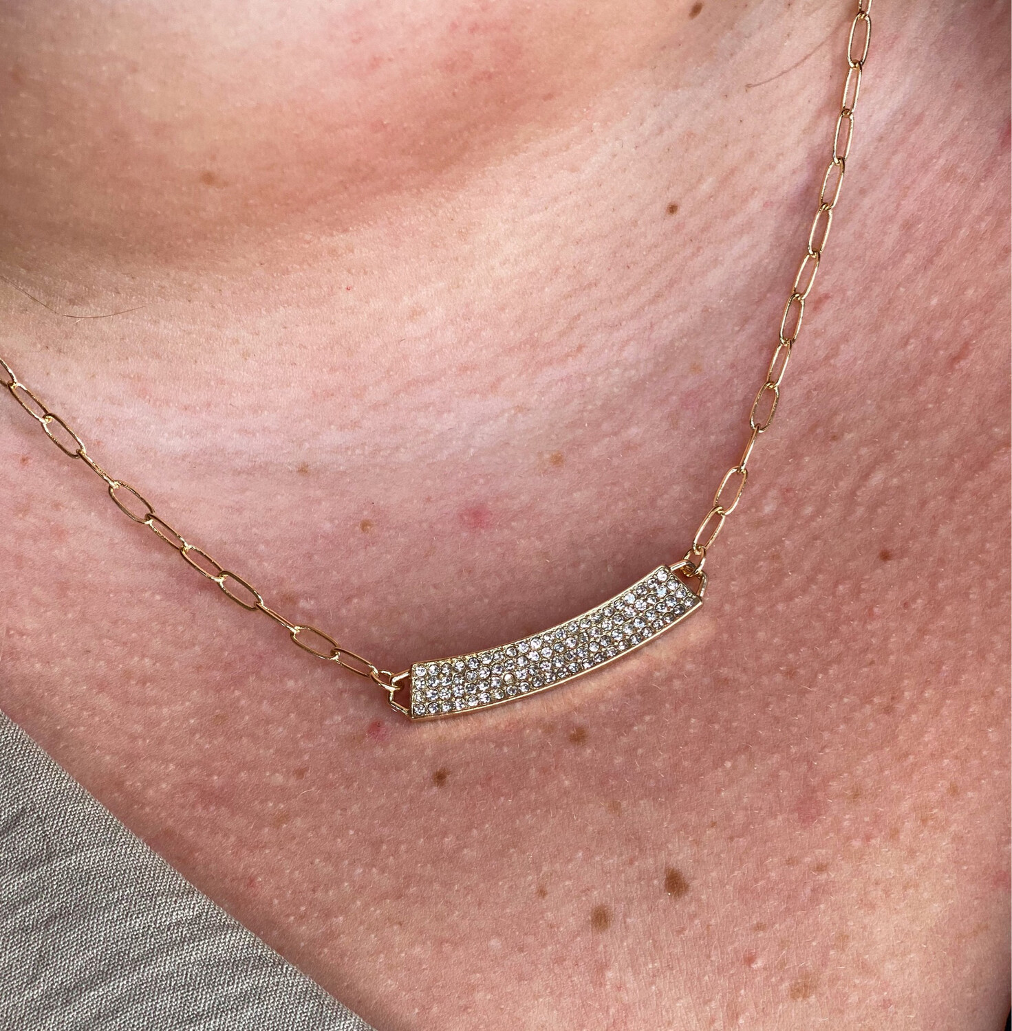 Gold Rhinestone Bar Chain Link Necklace