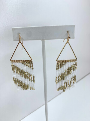 White & Gold Beaded Fringe Earrings