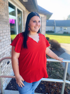 Red Scalloped V Neck Sleeveless Blouse