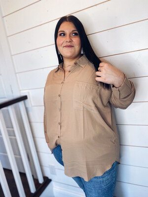 Plus Taupe Button Down Blouse
