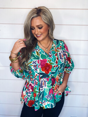 Turquoise Mix Floral Peplum Blouse