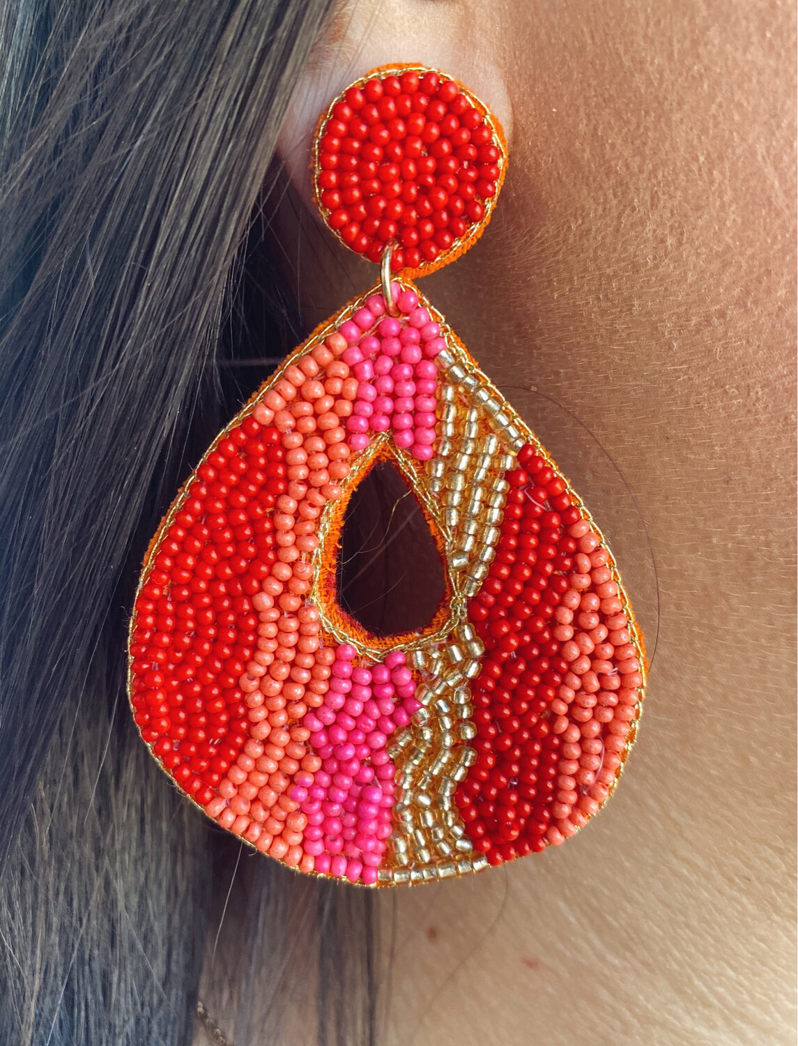 Peach & Red Mix Beaded Earrings
