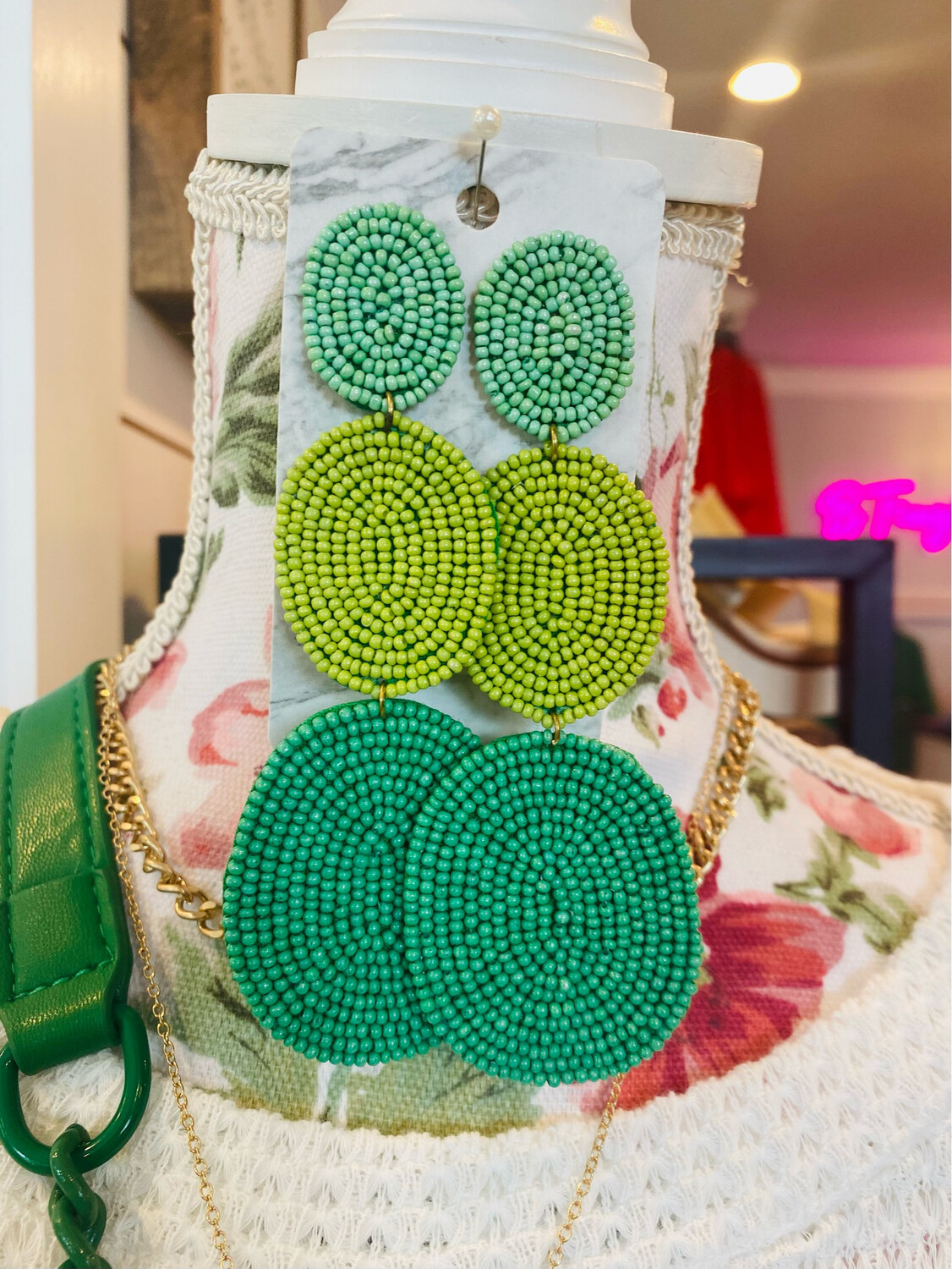 Tri Colored Green Layered Earrings