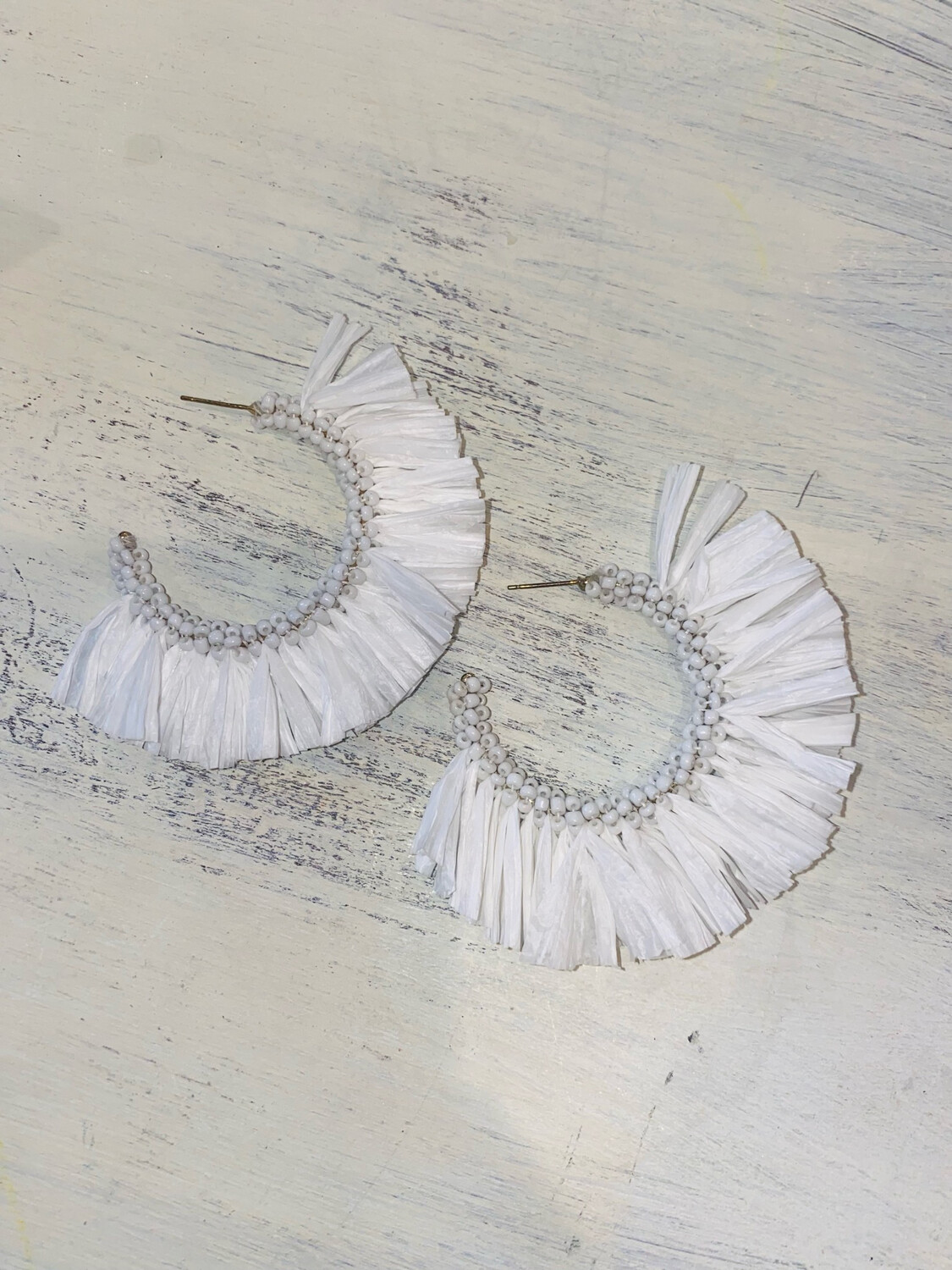 White Raffia Beaded Earrings