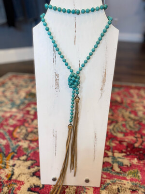 Turquoise Beaded Leather Tassel Necklace