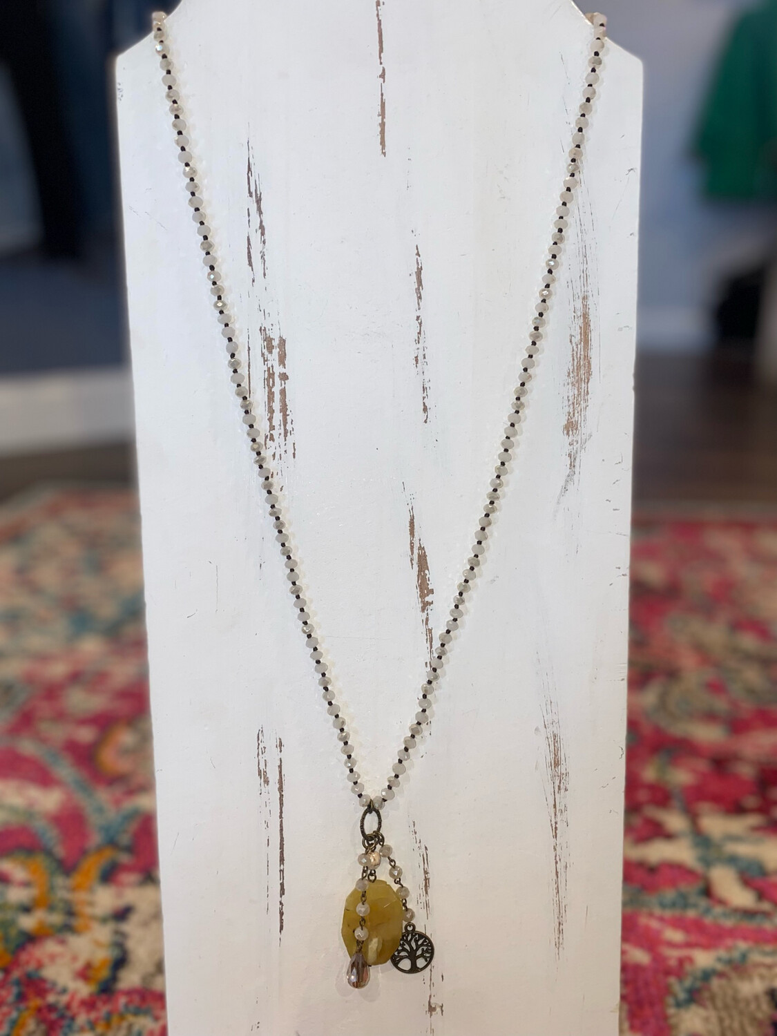 Off White Beaded Yellow Stone 2 Way Necklace