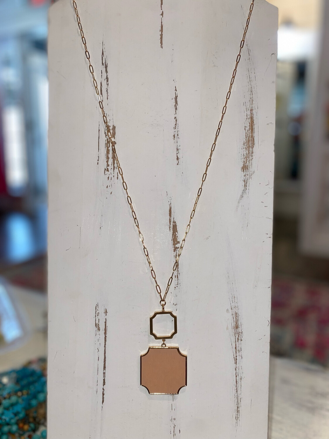 Blush Wooden Pendant Long Gold Necklace