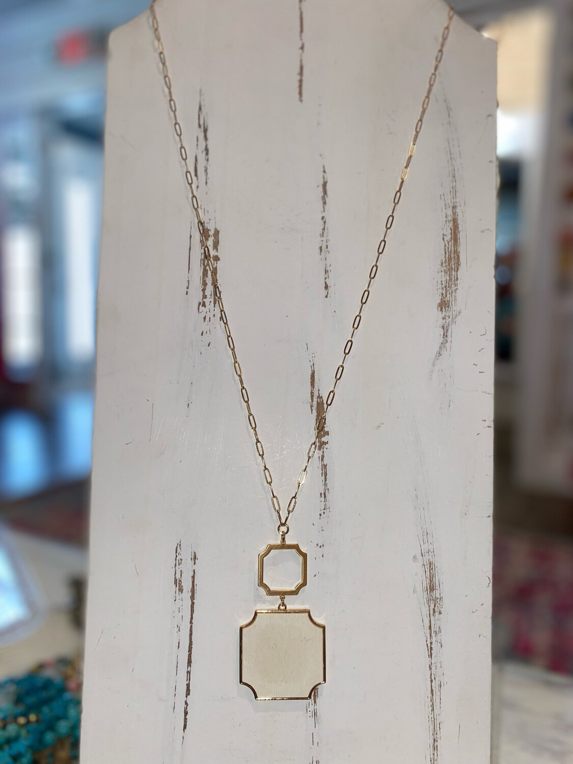 White Wooden Pendant Long Gold Necklace 