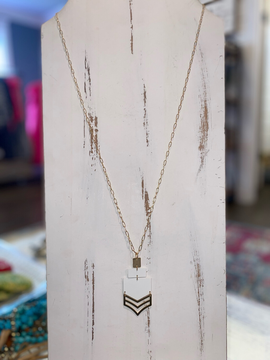 Gold & White Long Aztec Reversible Pendent Necklace