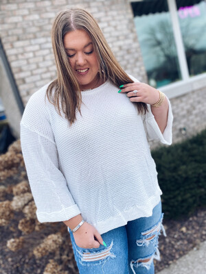 White Waffle Knit 3/4 Sleeve Top