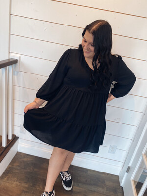 Plus Black 3/4 Sleeve Tiered Dress