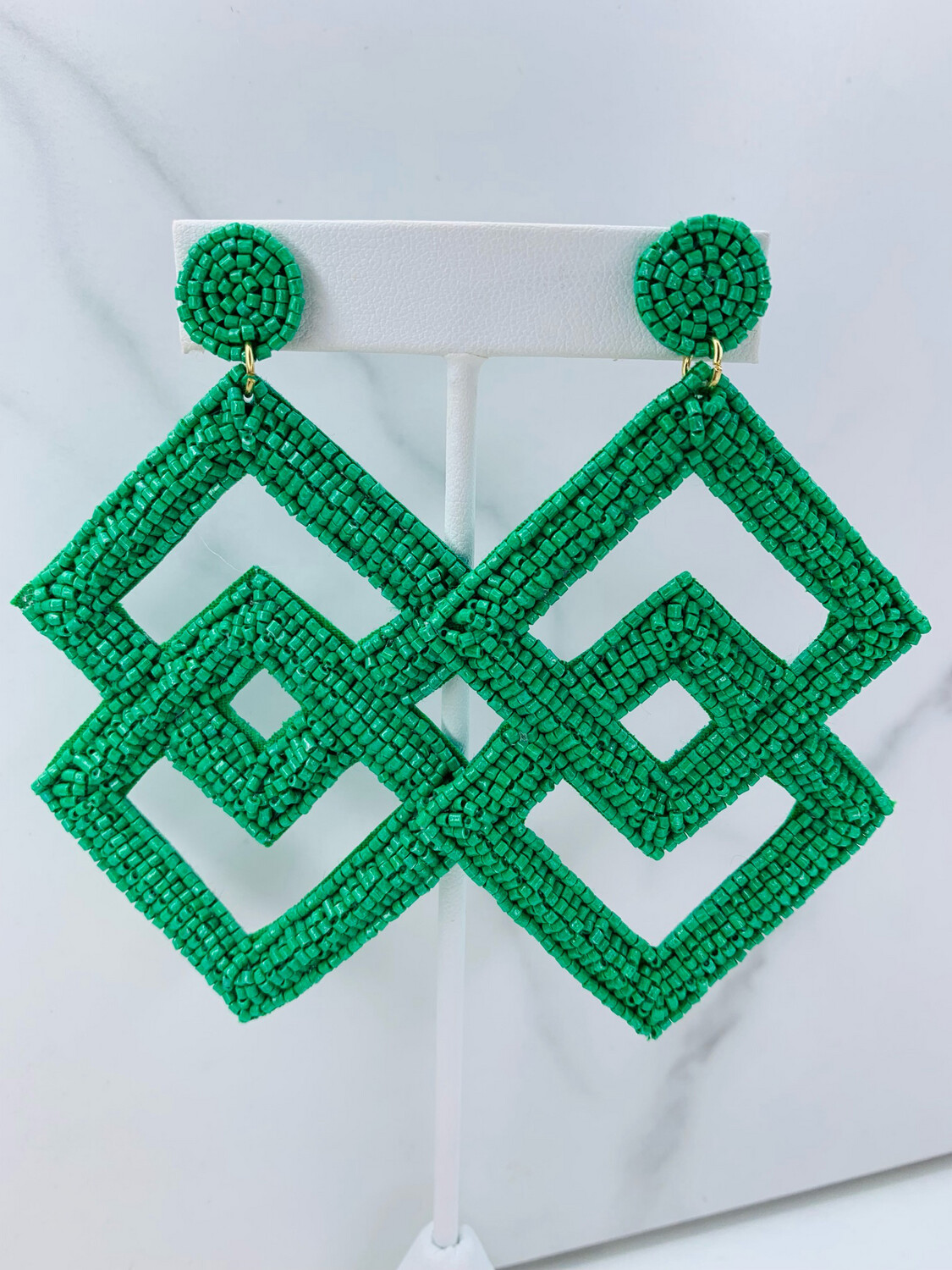 Green Beaded Double Diamond Earrings 
