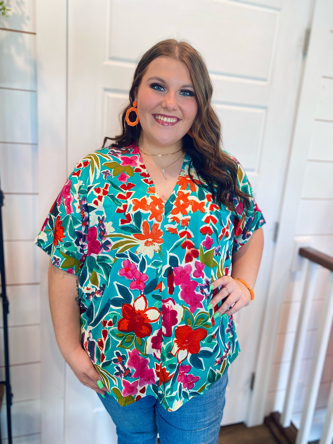 Plus Turquoise Floral V Neck Blouse