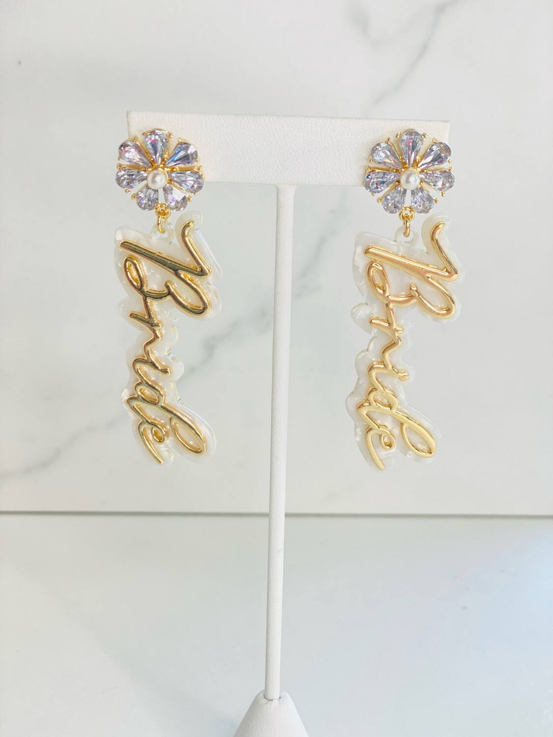 White & Gold Acrylic Gem Post Bride Earrings 