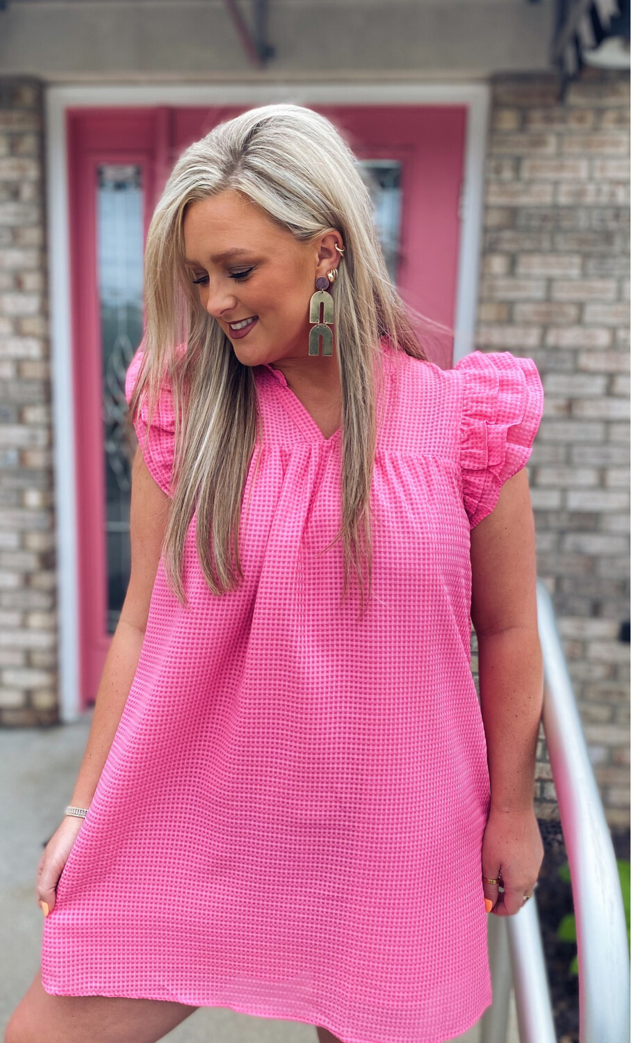 Bubblegum Pink Ruffle Shoulder Waffle Print Dress