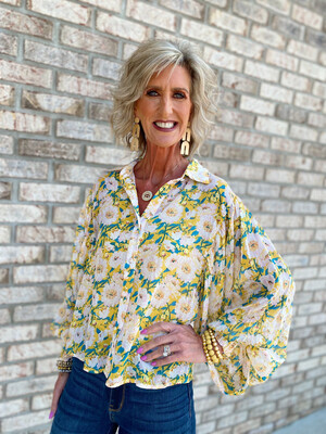 Yellow Mix Floral Wide Sleeve Blouse
