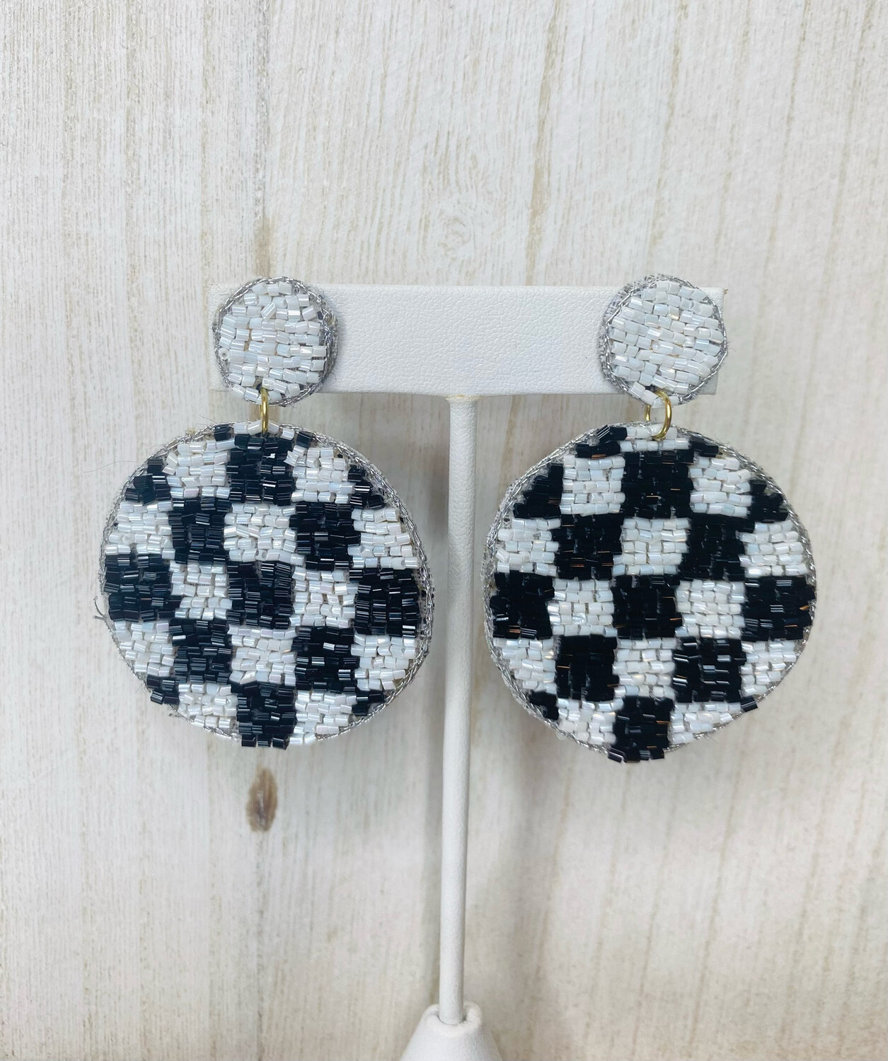 Black & White Checkered Beaded Earrings
