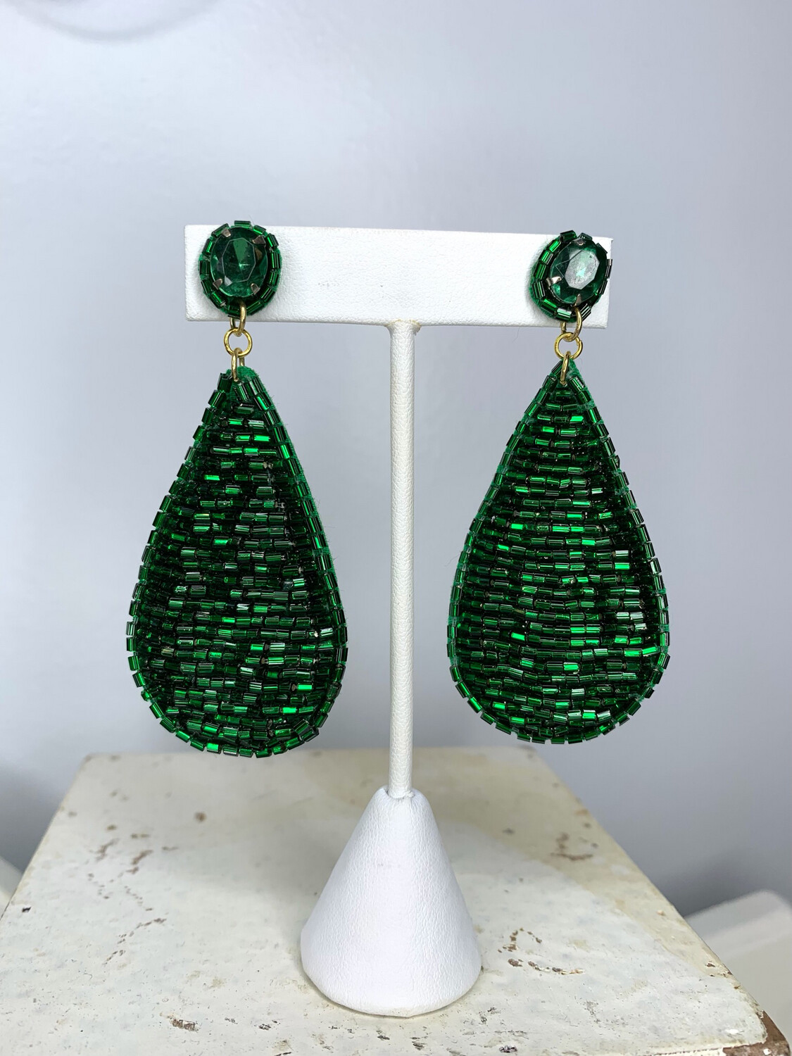 Green Beaded Teardrop Earrings