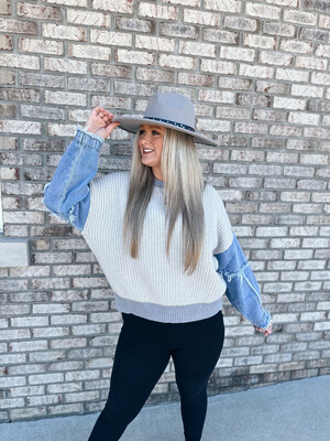 Grey & Cream Denim Sleeve Oversized Sweater