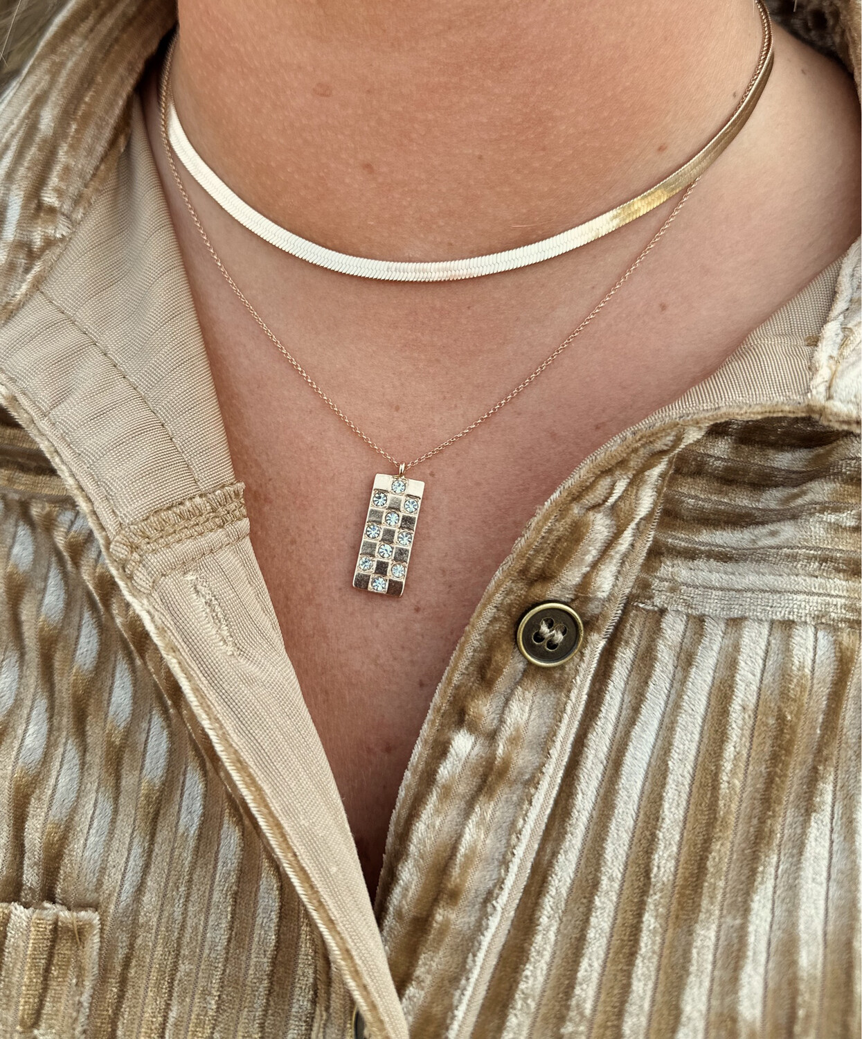 Herringbone Rhinestone Detailed Charm Necklace