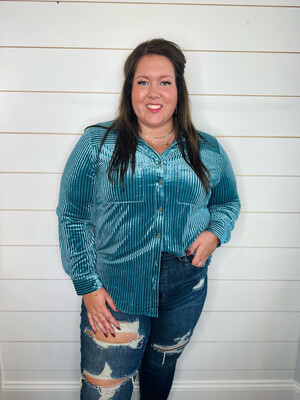 Plus Teal Ribbed Velvet Button Up Top