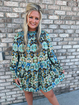 Blue Printed Tiered Dress