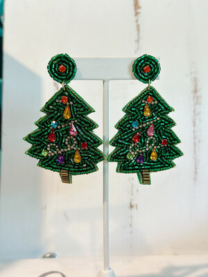 Green Beaded & Gem Tree Earrings
