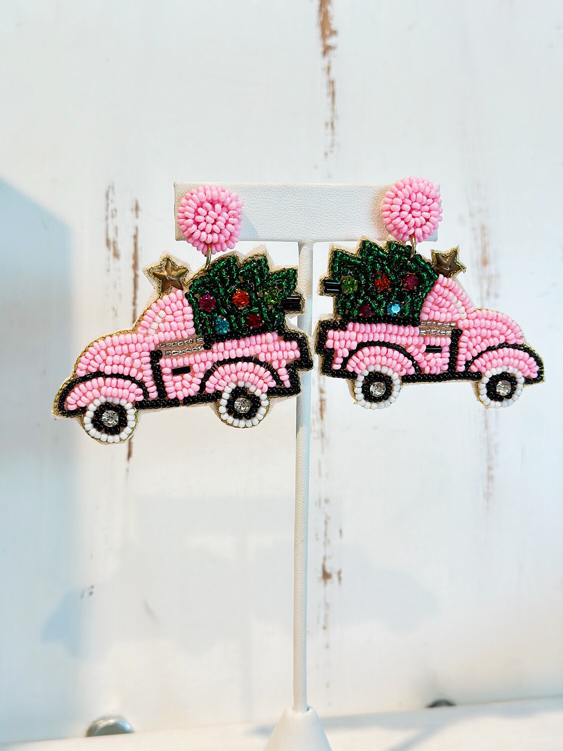 Pink Vintage Truck Beaded Earrings