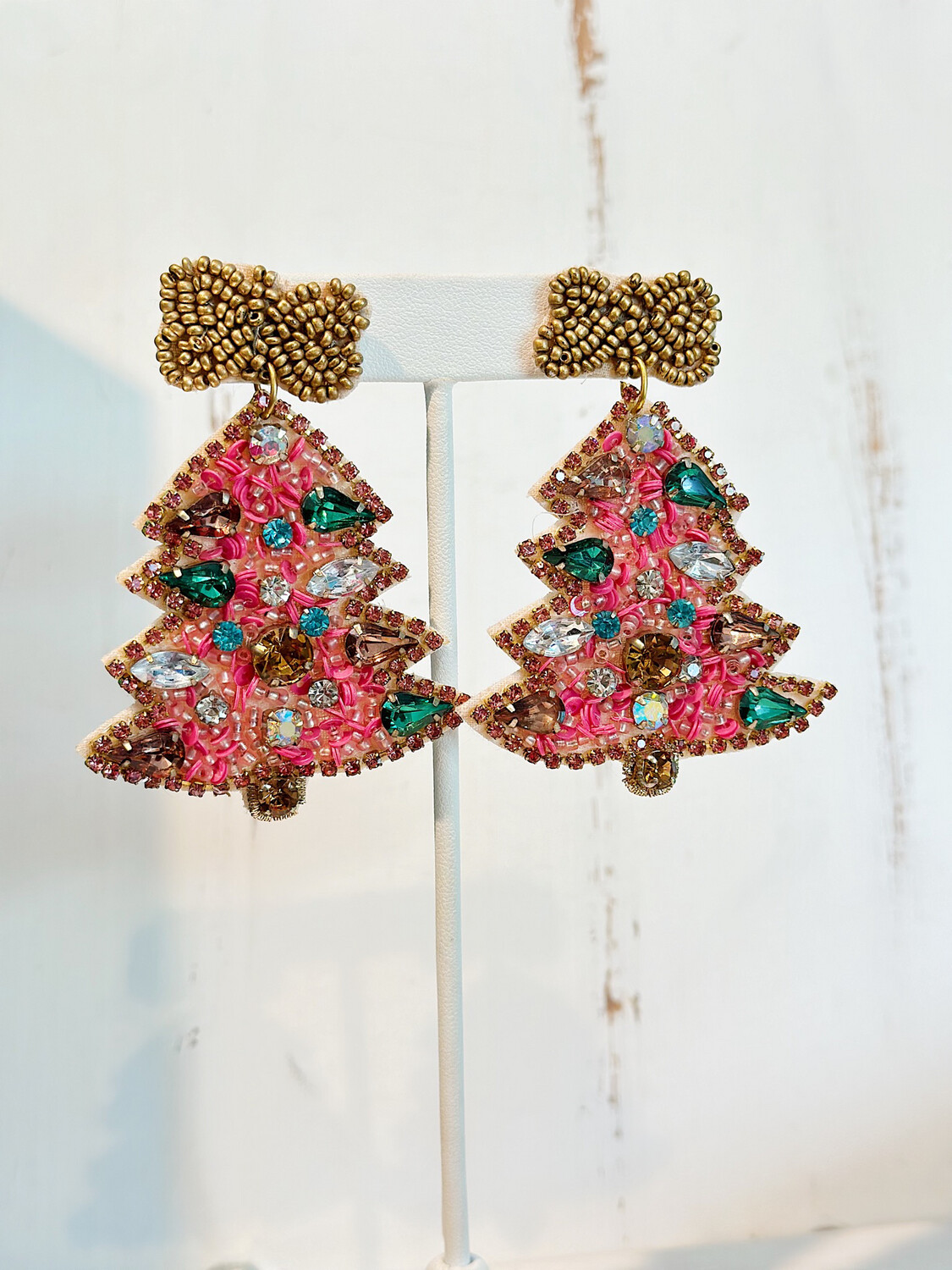 Pink & Gem Beaded Tree Earrings