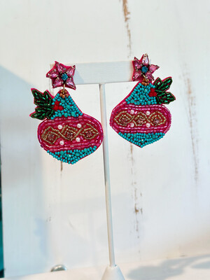 Pink & Teal Beaded Ornament Earrings