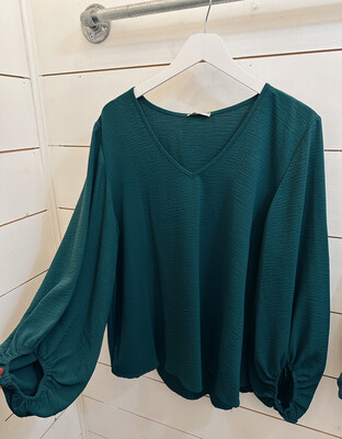 Plus Forest Green V Neck Balloon Sleeve Blouse 
