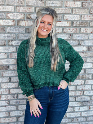 Forest Green Chenille Turtleneck Cropped Sweater
