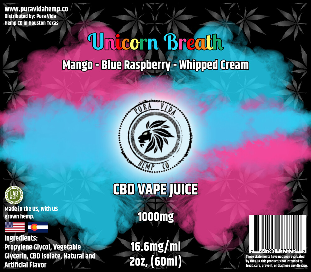 Unicorn Breath (Mango, Blue Raspberry, Whip Cream) CBD vape juice - Lab Tested - THC Free