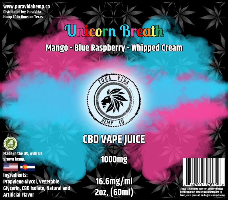Unicorn Breath (Mango, Blue Raspberry, Whip Cream) CBD vape juice - Lab Tested - THC Free
