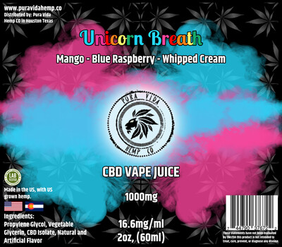 Unicorn Breath (Mango, Blue Raspberry, Whip Cream) CBD vape juice - Lab Tested - THC Free