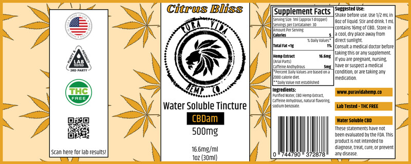 Citrus Bliss Water Soluble CBD Tincture - Lab Tested - THC Free