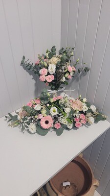 bouquet Champêtre et centre de table pastel eucalyptus