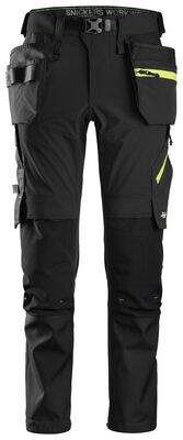 Sort FlexiWork, Softshell Stretchbukse+ med hylsterlommer, FARGE: 0467 - Black - Neon Yellow (1), STØRRELSE: STR: 100