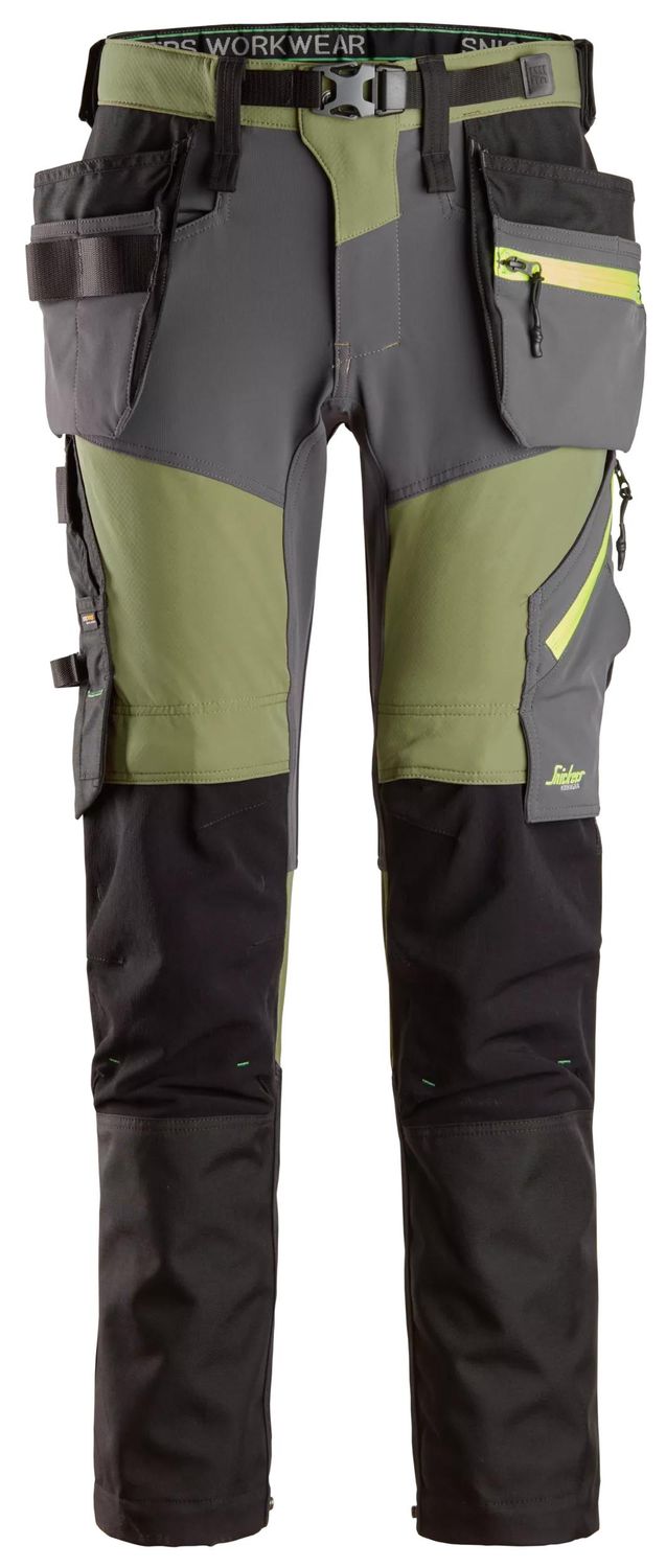 FlexiWork, Softshell Stretchbukse+ med hylsterlommer - 3158 - Khaki Green\Steel Grey