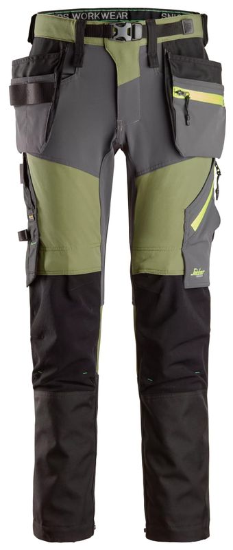 FlexiWork, Softshell Stretchbukse+ med hylsterlommer - 3158 - Khaki Green\Steel Grey