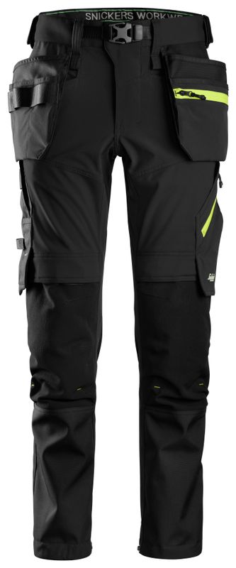 FlexiWork, Softshell Stretchbukse+ med hylsterlommer - 0467 - Black\Neon Yellow