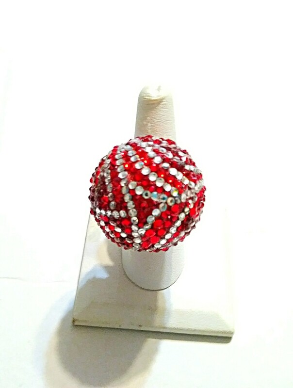 Red & White Disco Ball Ring (Large) - Silver Ring - Adjustable